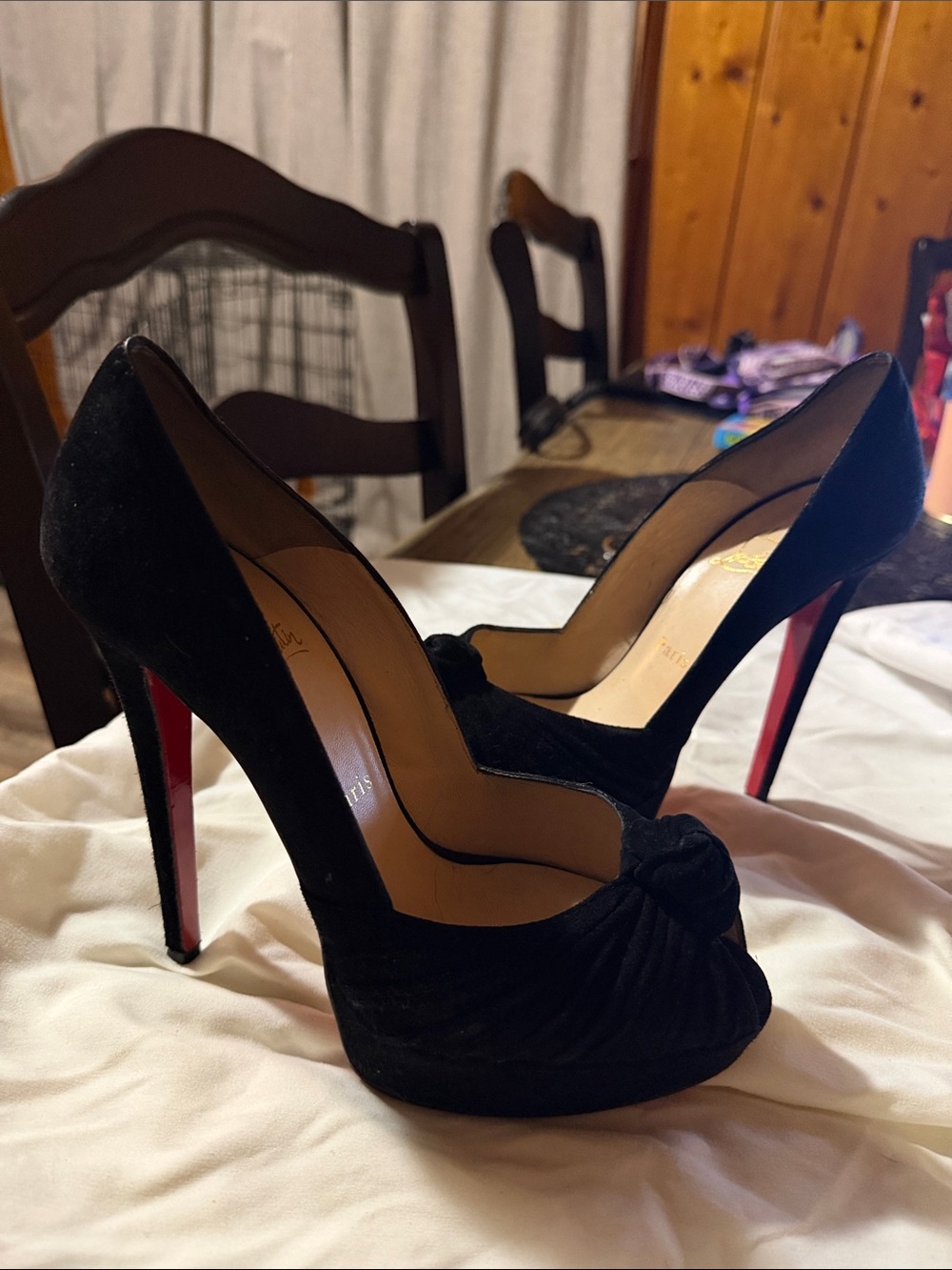 Christian Louboutin Black Suede Peep-Toe Pumps with Red Soles